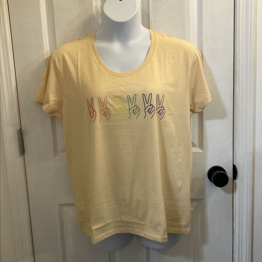 NEW Womens XL Yellow Rainbow Peace Sign Graphic T-Shirt LGBTQ Pride Short Sleeve
